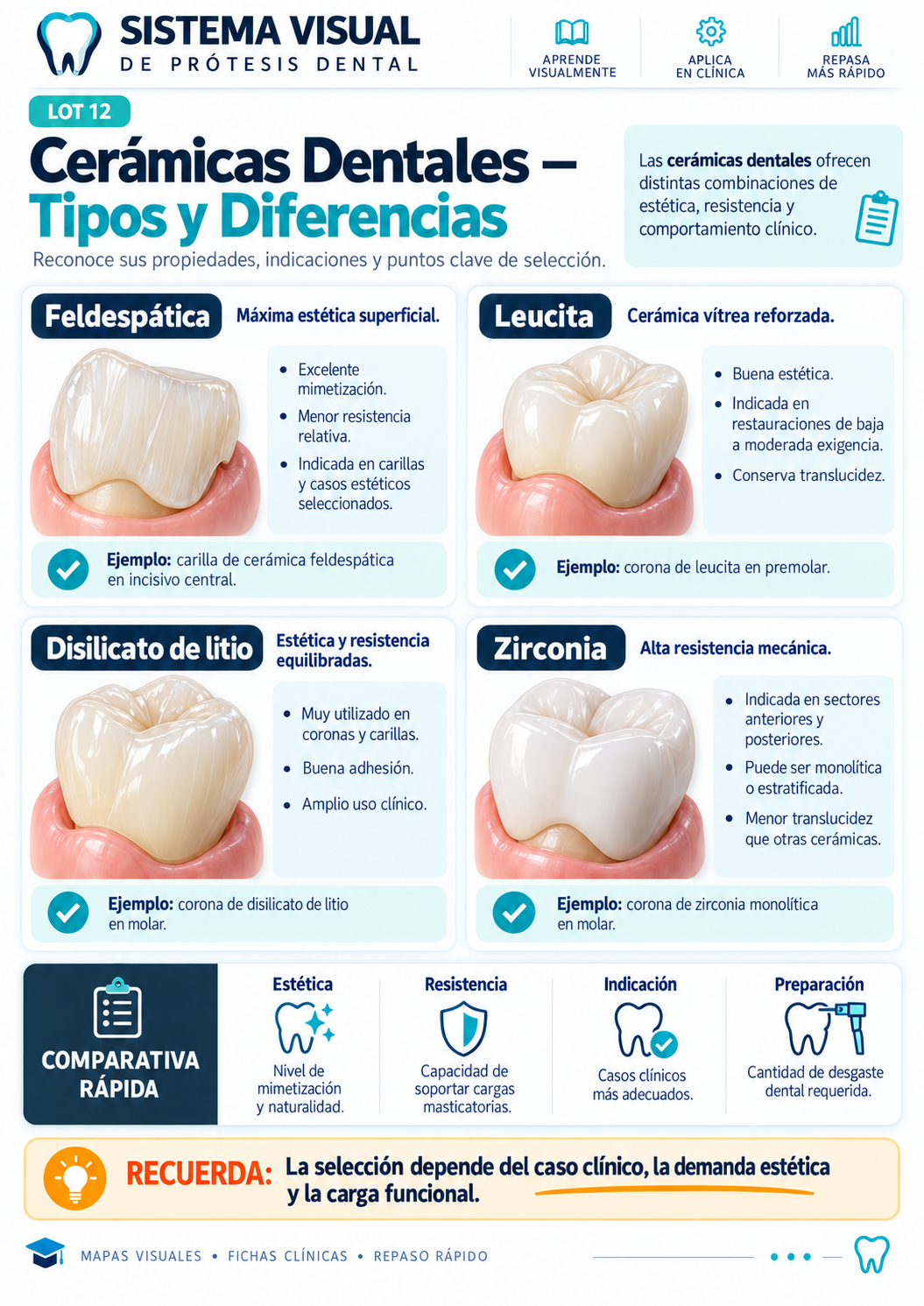 Mapa visual: Cerámicas Dentales — Tipos y Diferencias